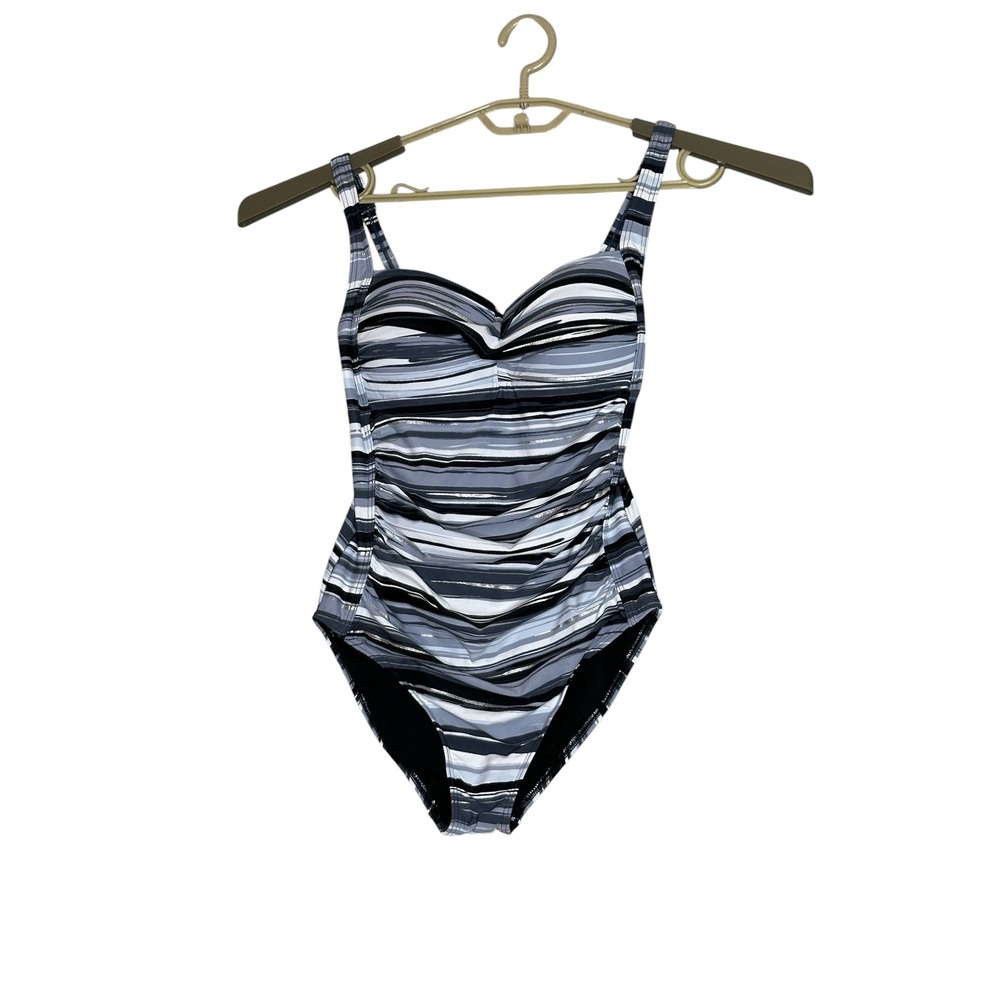 Bond-Eye Australia Women Striped One Piece Swimsuit 6 Black Grey Metallic Silver